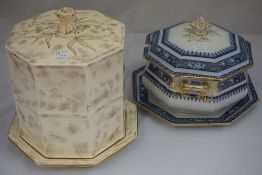 Victorian pottery Stilton dish and a large blue and white pottery tureen with stand