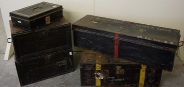 3 metal black painted trunks and a black painted cash box