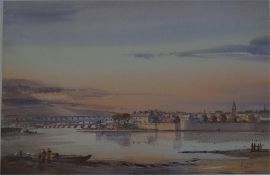 Signed artist proof of Berwick harbour with all the bridges in view, by Fred Stott