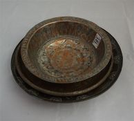 3 Middle Eastern silvered copper platter and bowls