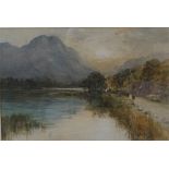 A framed watercolour of a highland scene by Thomas Swift-Hutton. 9.5" high by 14" wide