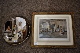 Framed Russell Flint print "the unwelcome intruder" and a 13 inch porcelain wall plaque decorated wi