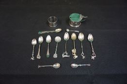 Collection of miscellaneous silver Items, including a mustard pot, napkin ring and assorted spoons