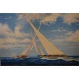 An oil on canvas painting of 'Racing Yachts' by D Lawrence