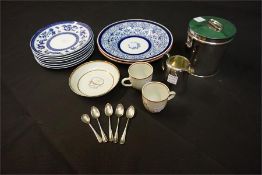 Silver plated biscuit barrel, teaspoons, jug, 9 assorted blue & white plates and 2 18th century amor