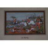2 Framed woven silk hunting pictures titled 'in full cry' and 'breaking cover'