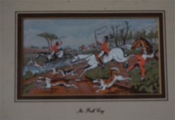 2 Framed woven silk hunting pictures titled 'in full cry' and 'breaking cover'