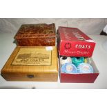 JP Coates box of crochet threads, JP Coates Treen Box, chinoiser decorated tea caddy signed GW Payne
