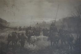 Framed black and white Tom Scott print of the returning Moss Troopers, exhibited 1905, signed on mo