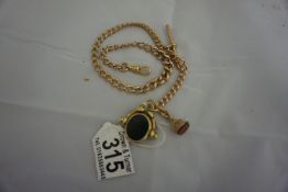 9ct gold watch albert chain with 2 agate mounted fobs