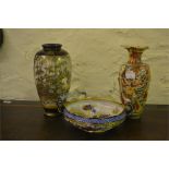 A Japanese satsuma case, a Japanese oriental vase and a lasol ware pagoda patterned bowl