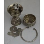 Unmarked silver chalice, Indian sugar bowl, Chinese silver pendant, unmarked white metal torque