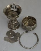 Unmarked silver chalice, Indian sugar bowl, Chinese silver pendant, unmarked white metal torque