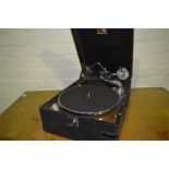 His masters voice portable gramophone player, records, needles and needle trimmer