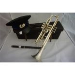 Bandsman hat, chanter and a silvered cornet by Hawes & Son of London in original case.