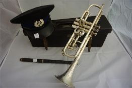 Bandsman hat, chanter and a silvered cornet by Hawes & Son of London in original case.