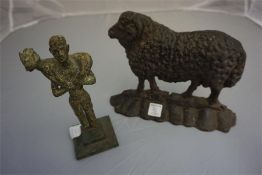A metal figure of a shepherd carrying a goat (excavated from Crete (possibly Roman) & 2 piece