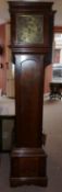 Mahogany cased grandfather clock with oriental inlay, brass dial and 8 day movement