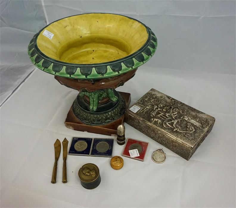 Doulton Majolica Style urn (chipped), 2 trench ware, bullet, letter openers, shell lighter, 2 pill b - Image 2 of 2