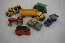 7 dinky toys, including steam roller, dustbin truck, tractor, jeep and 2 lorries and a royal mail va