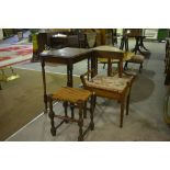 A pine corner table, an oak stained trolley table, an oak stained stick stand, an oak piano stool
