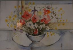 A selection of watercolour paintings including 'still life of flowers', 'The Estuary','lake district