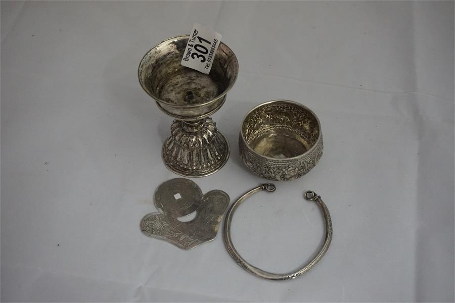 Unmarked silver chalice, Indian sugar bowl, Chinese silver pendant, unmarked white metal torque - Image 2 of 2