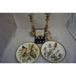 2 Silver Sheffield plated candle sticks, a set of 6 silver plate teaspoons and 2 Franklin mint plate