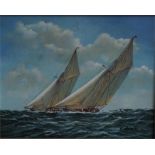 An oil on panel Yachts racing by K Burt. Size 8 inch by 10 inch