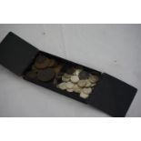 A box of assorted coins including silver six pence and threpenny pieces, farthing and half farthings