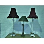 A pair of painted metal candlestick lamps and a wooden green painted candlestick lamp