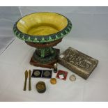 Doulton Majolica Style urn (chipped), 2 trench ware, bullet, letter openers, shell lighter, 2 pill b