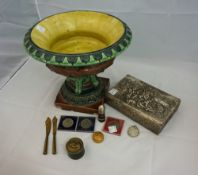 Doulton Majolica Style urn (chipped), 2 trench ware, bullet, letter openers, shell lighter, 2 pill b