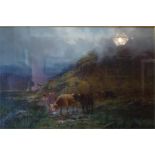 An oil on canvas painting by "A Millward" of a landscape scene featuring highland cattle