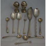 4 x Georgian mustard spoons, 2 x silver pepperettes, 1 x silver butter fork, silver serving slice