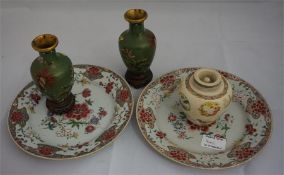 Pair of cloisonne vases, 2 oriental plates and 1 oriental ginger jar