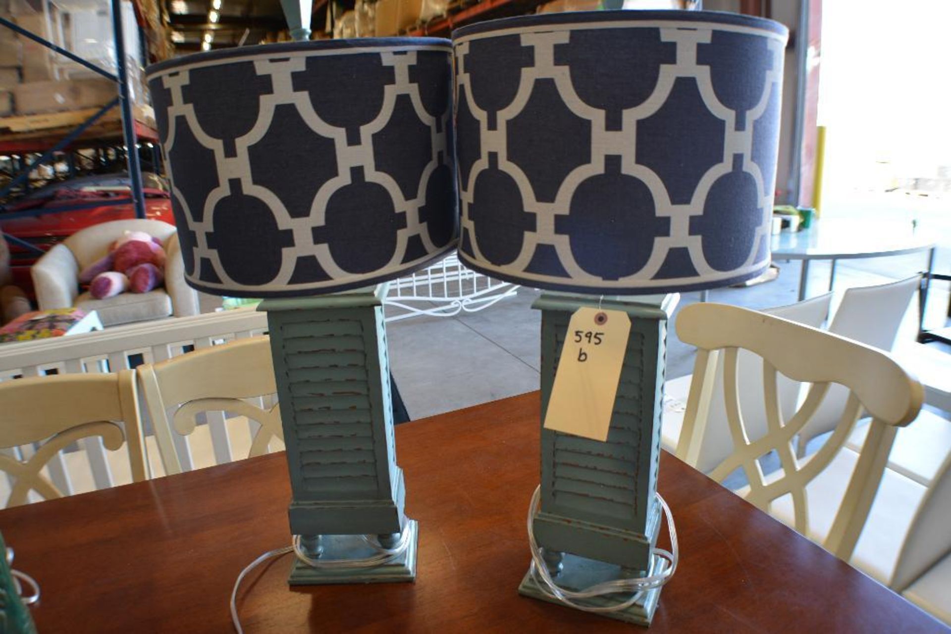 Pair of Table Lamps. Rectangular green ceramic base shutter style design. Black and white geometric