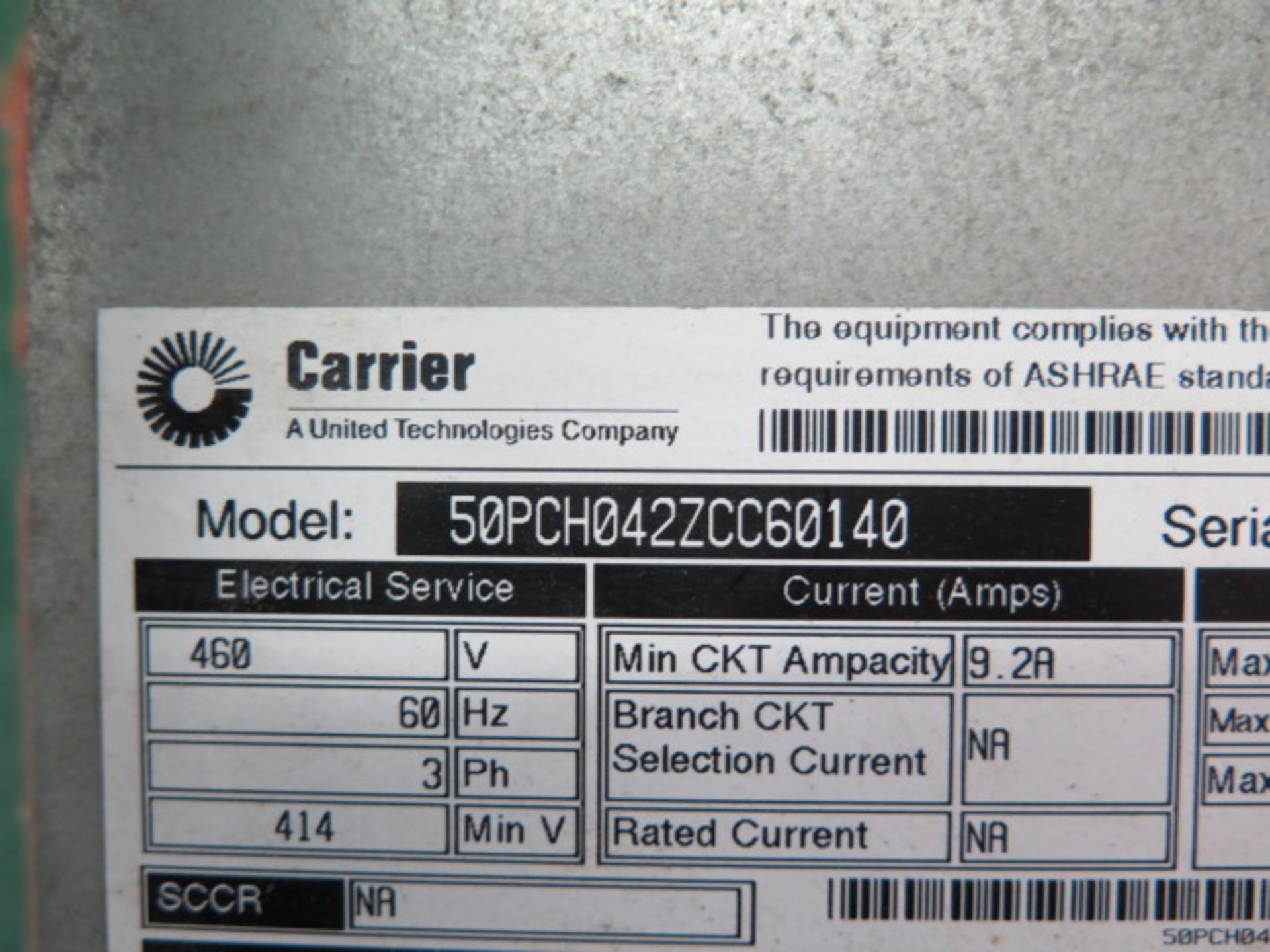 Carrier mdl. 50PCH042ZCC60140 3.5 Ton Heat Pump 460V-3ph - Image 2 of 3