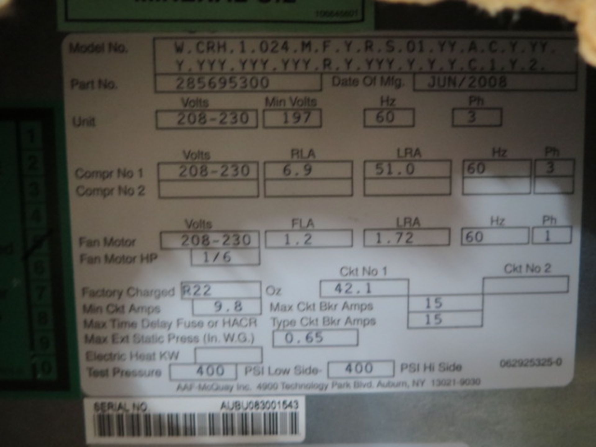 McQuay mdl. WCRH1024 Heat Pump w/ R-22 Coolant, 230V-3ph - Image 4 of 4