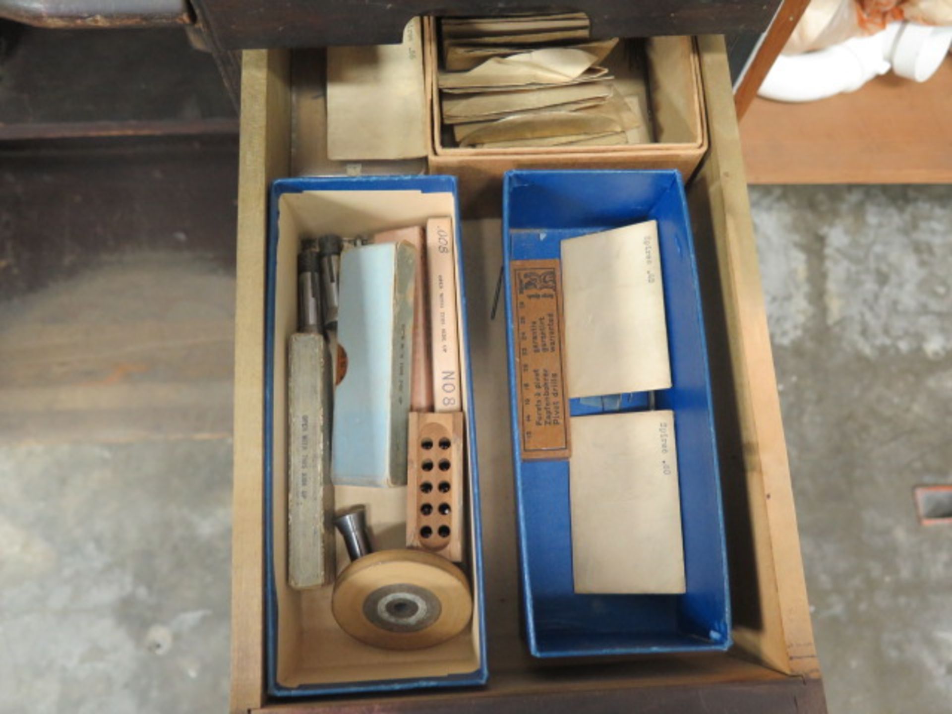 Derbyshire Watch Makers Lathe w/ 4-Speeds, Cross Slide, Collet Sets, Tooling, JH Rosenberg Cabinet - Image 9 of 11