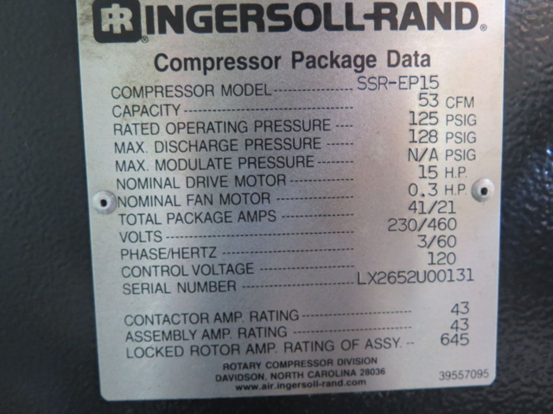 Ingersoll Rand SSR-EP15 15Hp Rotary Air Compressor s/n LX2652U00131 w/ 53 CFM @ 125 PSIG, 120 Gallon - Image 7 of 7