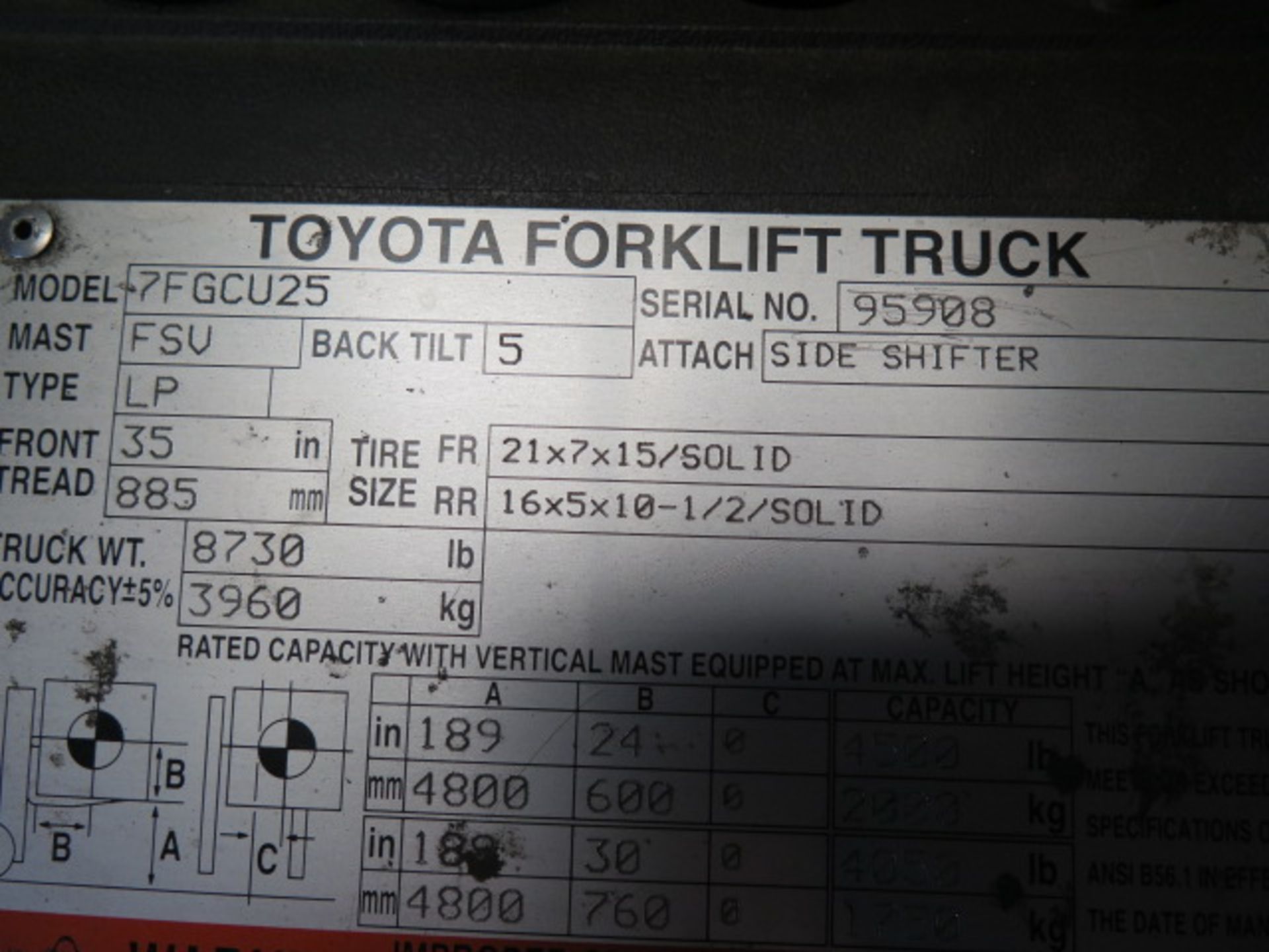 Toyota 7FGCU25 4500 Lb Cap LPG Forklift s/n 95908 w/ Monotrol Trans, 3-Stage Mast, 189” Lift Height, - Bild 10 aus 10