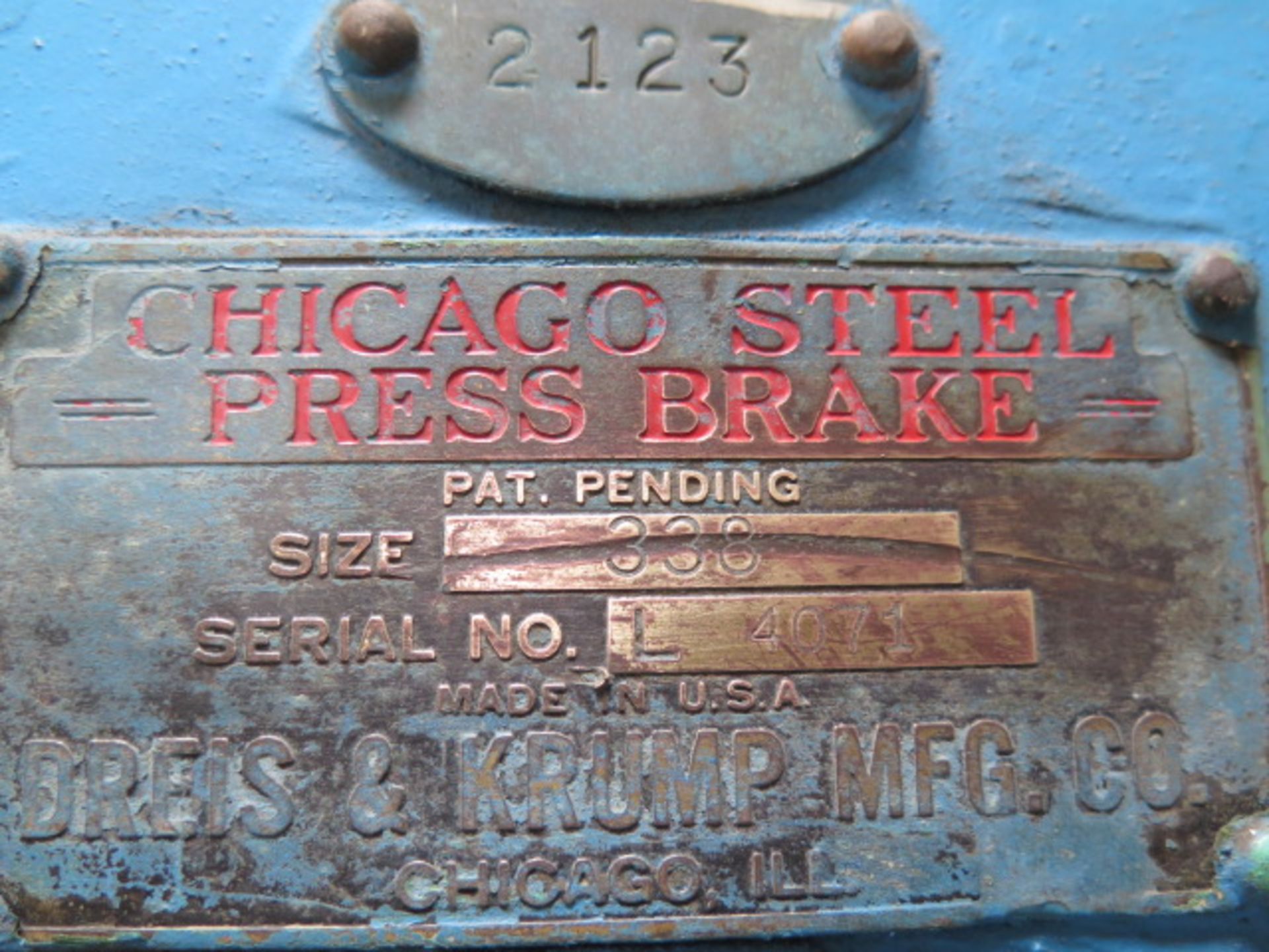 Chicago Size 338 35-ton x 8’ Press Brake s/n L4071 w/ Manual Back Gage, 61” Between Uprights, 6 ¼” - Bild 6 aus 6