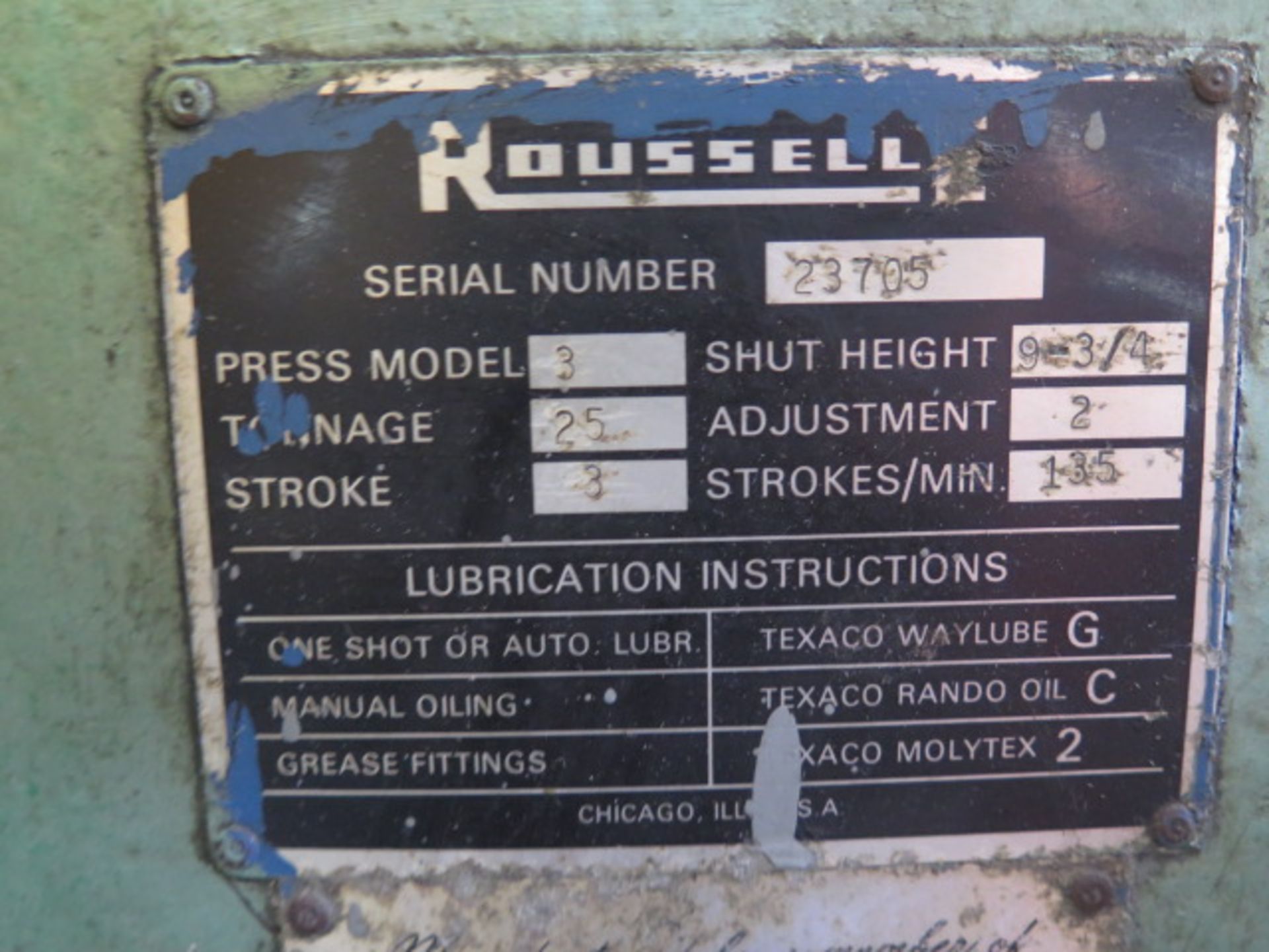 Rousselle mdl. 3 25 Ton OBI Stamping Press s/n 23705 w/ 135 Strokes/Min, 9 ¾” Shut Height, 3” - Image 7 of 7