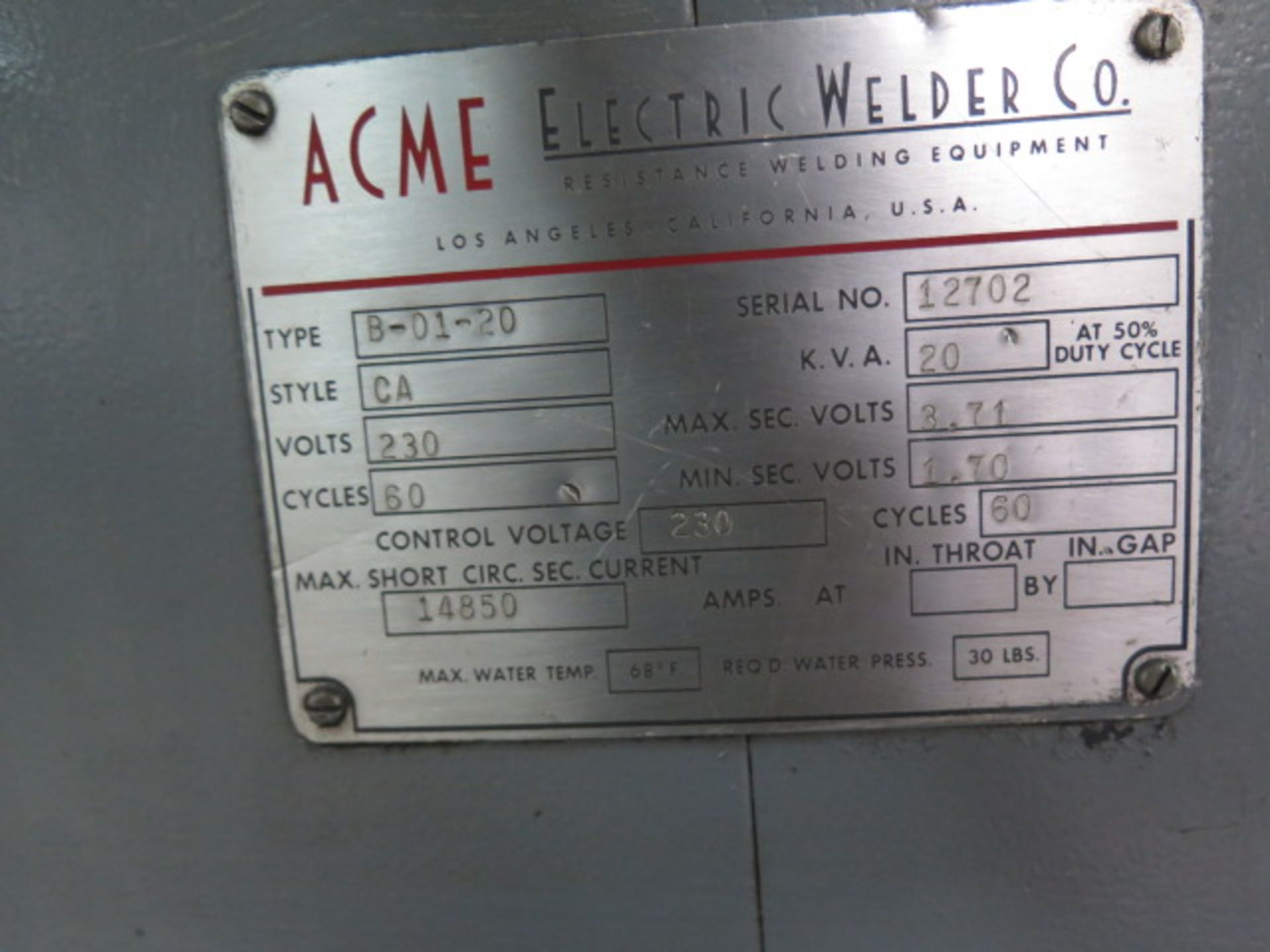 Acme Type B-01-20 20kVA Butt Welder s/n 12703 - Image 6 of 6