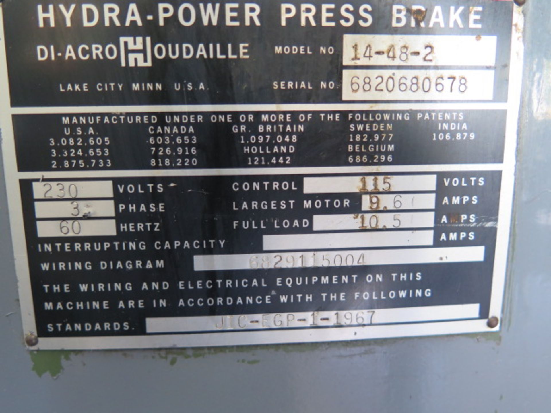 DiAcro mdl. 14-48-2 14GA x 48” Hydra Power Press Brake s/n 6820680678 w/ Manual Back Gage, 6 ½” - Image 7 of 7