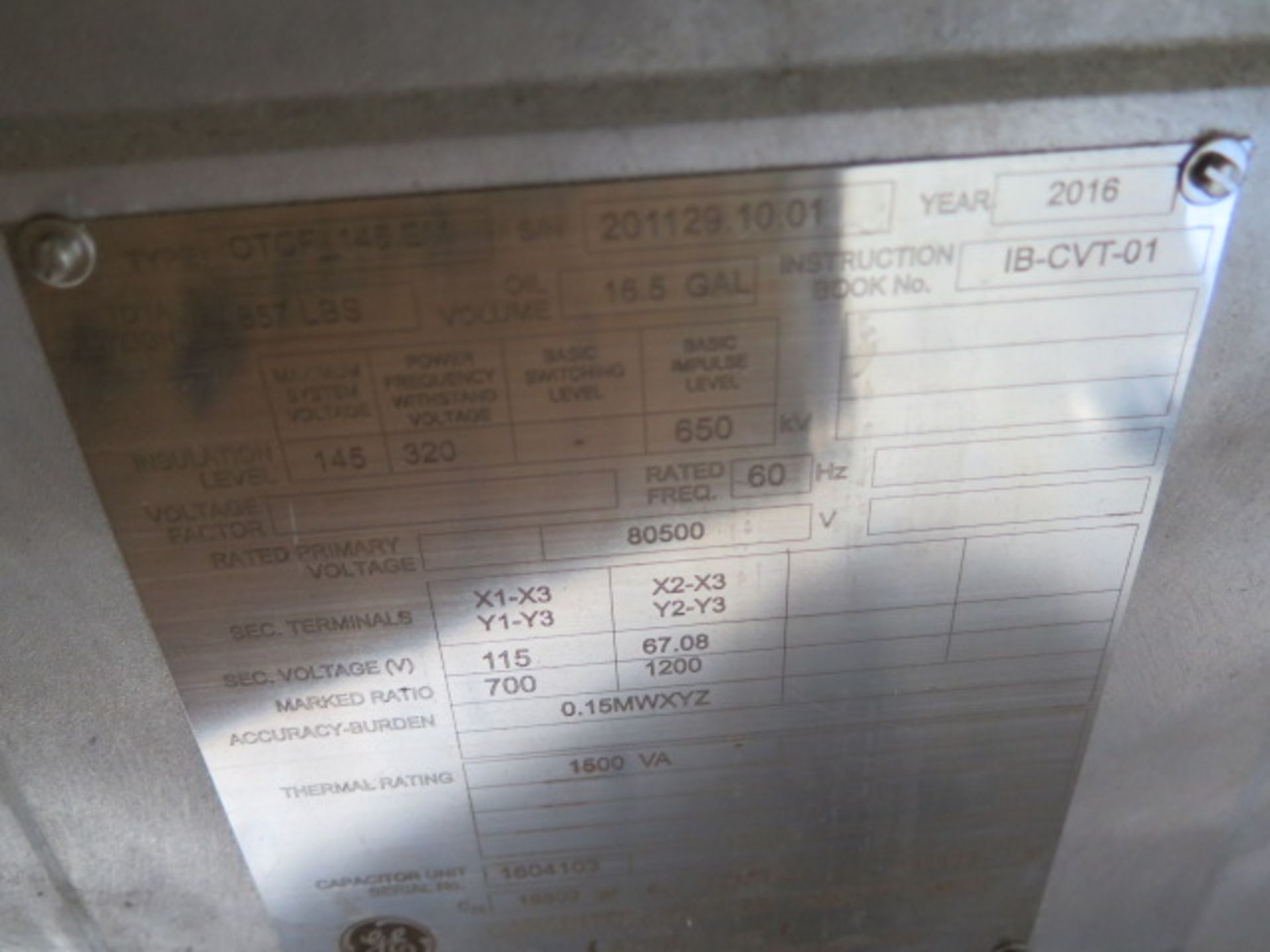 2016 GE Type OTCF-145EM Capacitor Voltage Transformer w/ 145kV Max System Voltage, 80500V Rated - Image 5 of 5