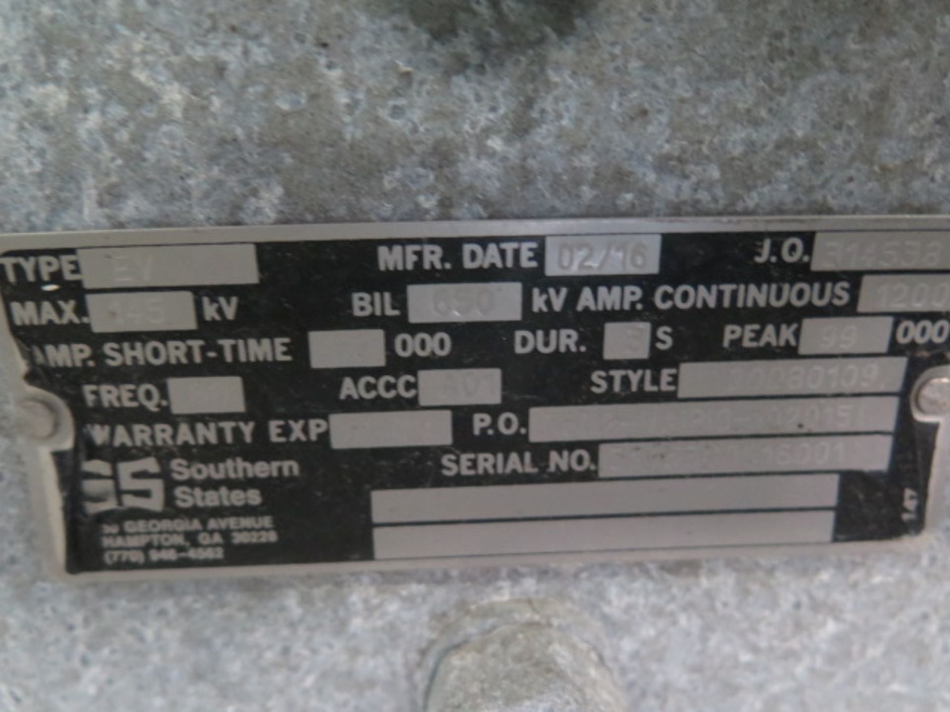 (3) Southern State Type EV Breakers 145kV Max, BIL 650kV Amp Continuous 1200 Amp Short-Time 38000 - Image 6 of 6