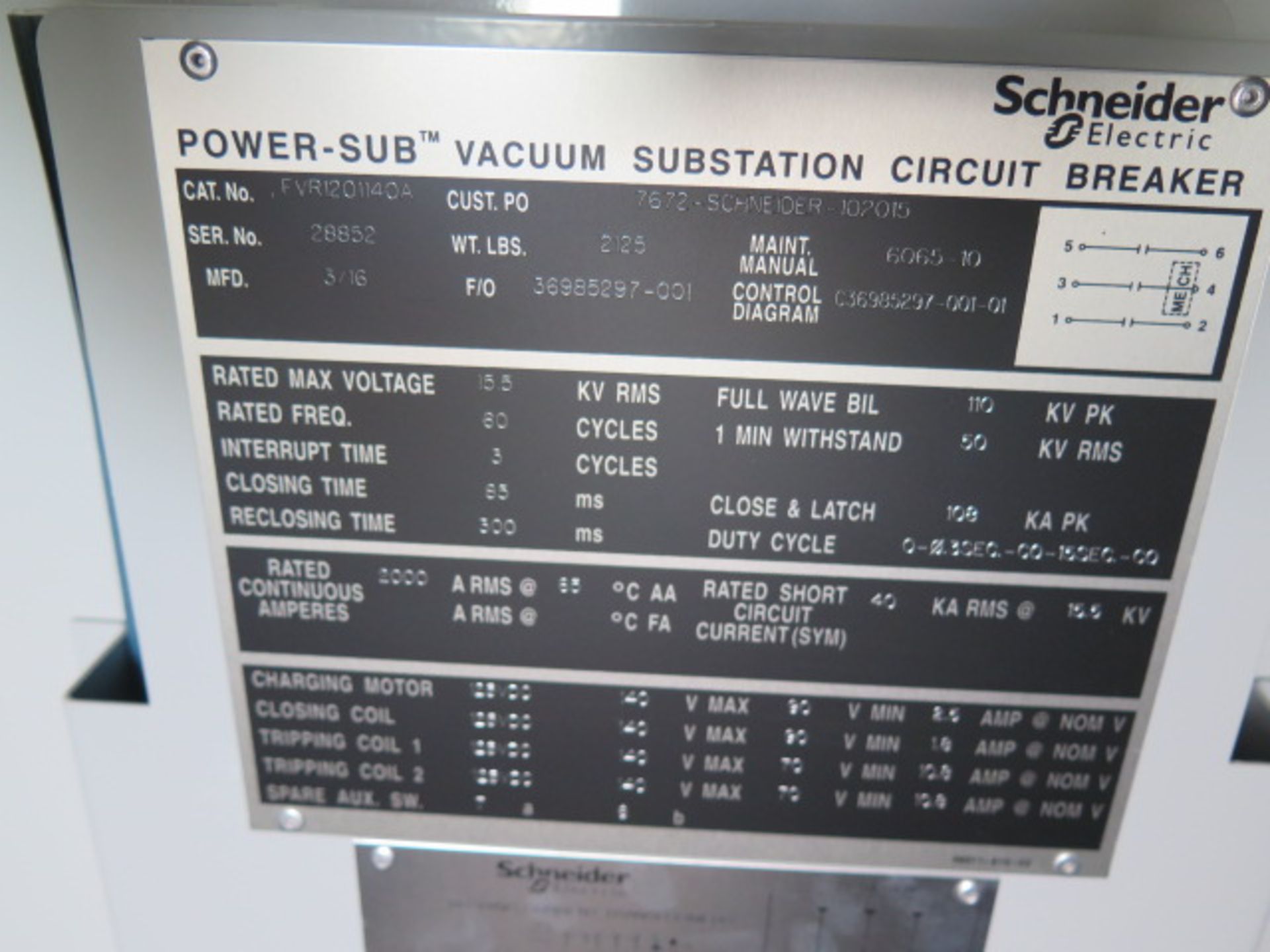 2016 Schneider Electric “Power-Sub” Vacuum Substation Circuit Breaker w/ 15.5kV RMS Max Voltage, - Image 8 of 10