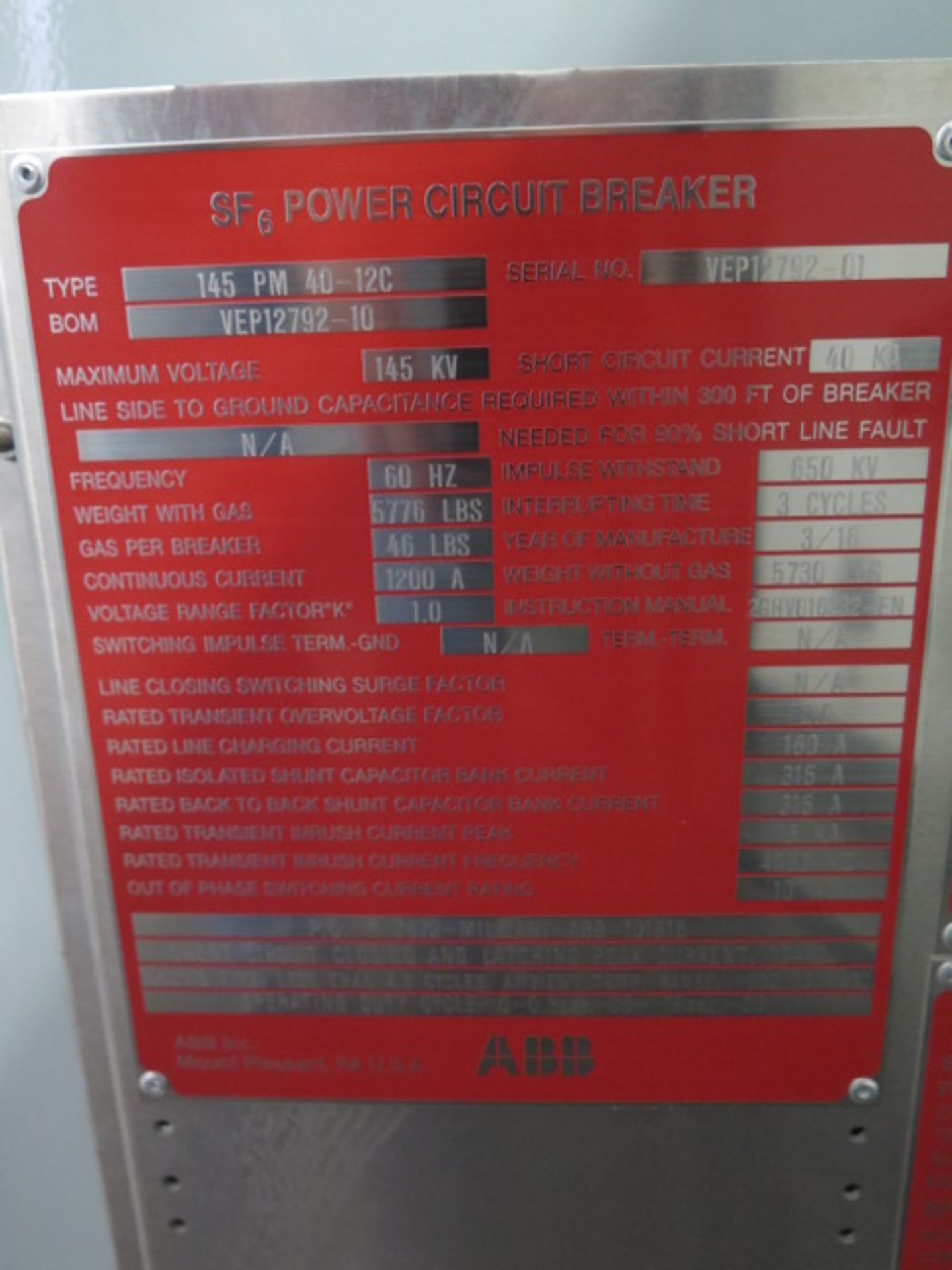 2016 ABB Type 145PM40-12C “SF6 Power Circuit Breaker” BOM VEP12792-10 s/n VEP12792-01 w/ 145kV Max - Image 10 of 12